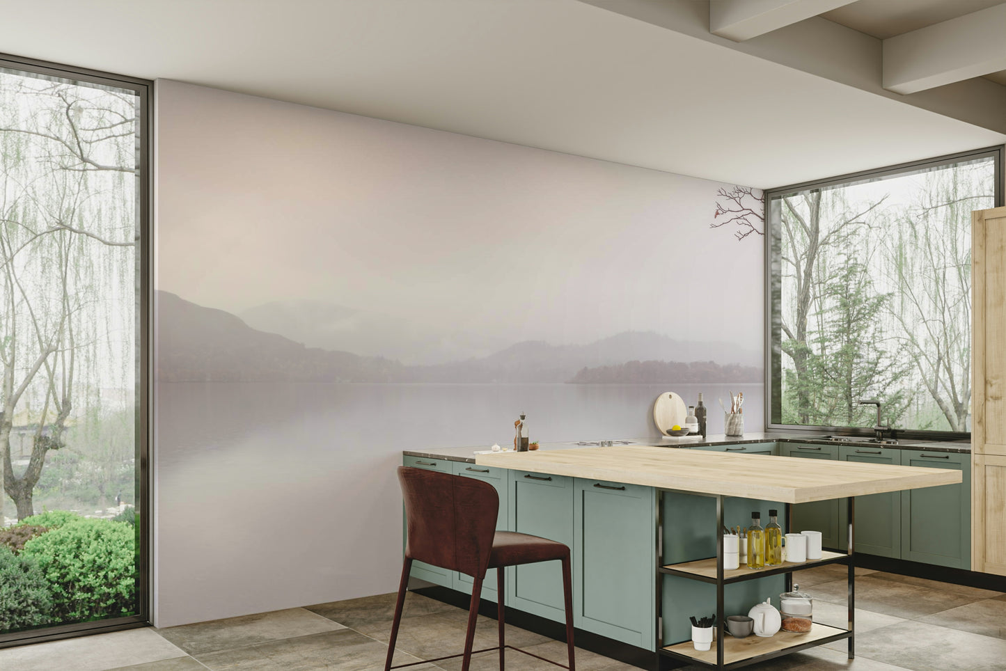 The wallpaper is perfect for a peaceful space.

