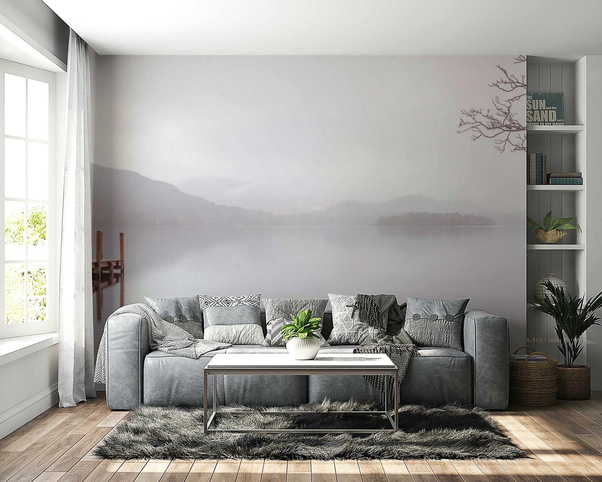 Wall mural of a misty serene lake.

