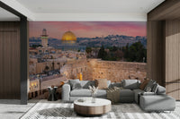 The wall art combines historical architecture with a serene setting.

