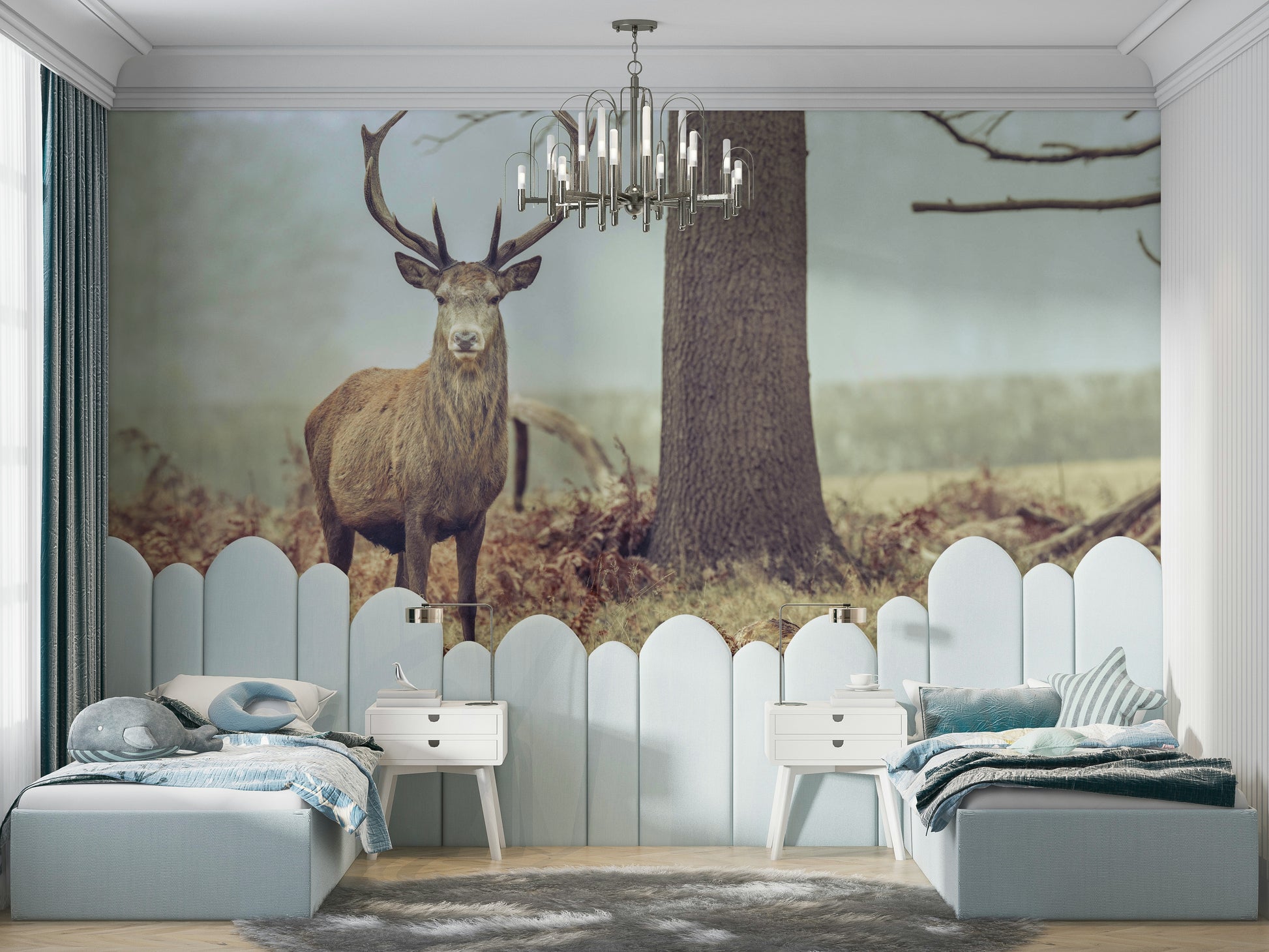 The mural shows a peaceful forest scene.

