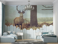 The mural shows a peaceful forest scene.

