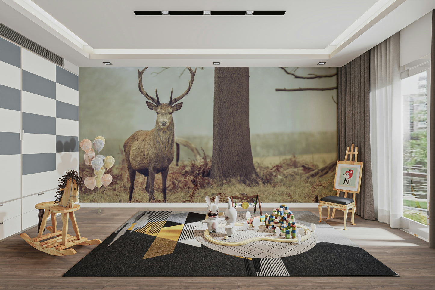 A close-up of the delicate stag and trees.

