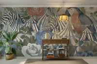 The mural shows a circus tent and carousel horse.

