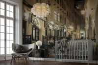 Wall mural of a Viennese street scene at dusk.

