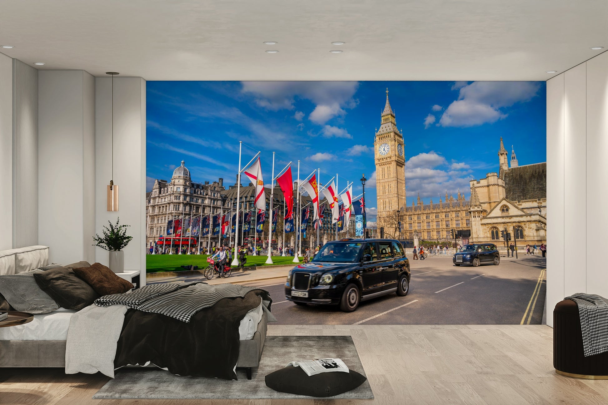 The wall art combines historical architecture with a modern city.

