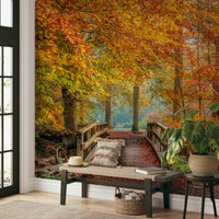 Wall mural with a bridge in an autumn forest.


