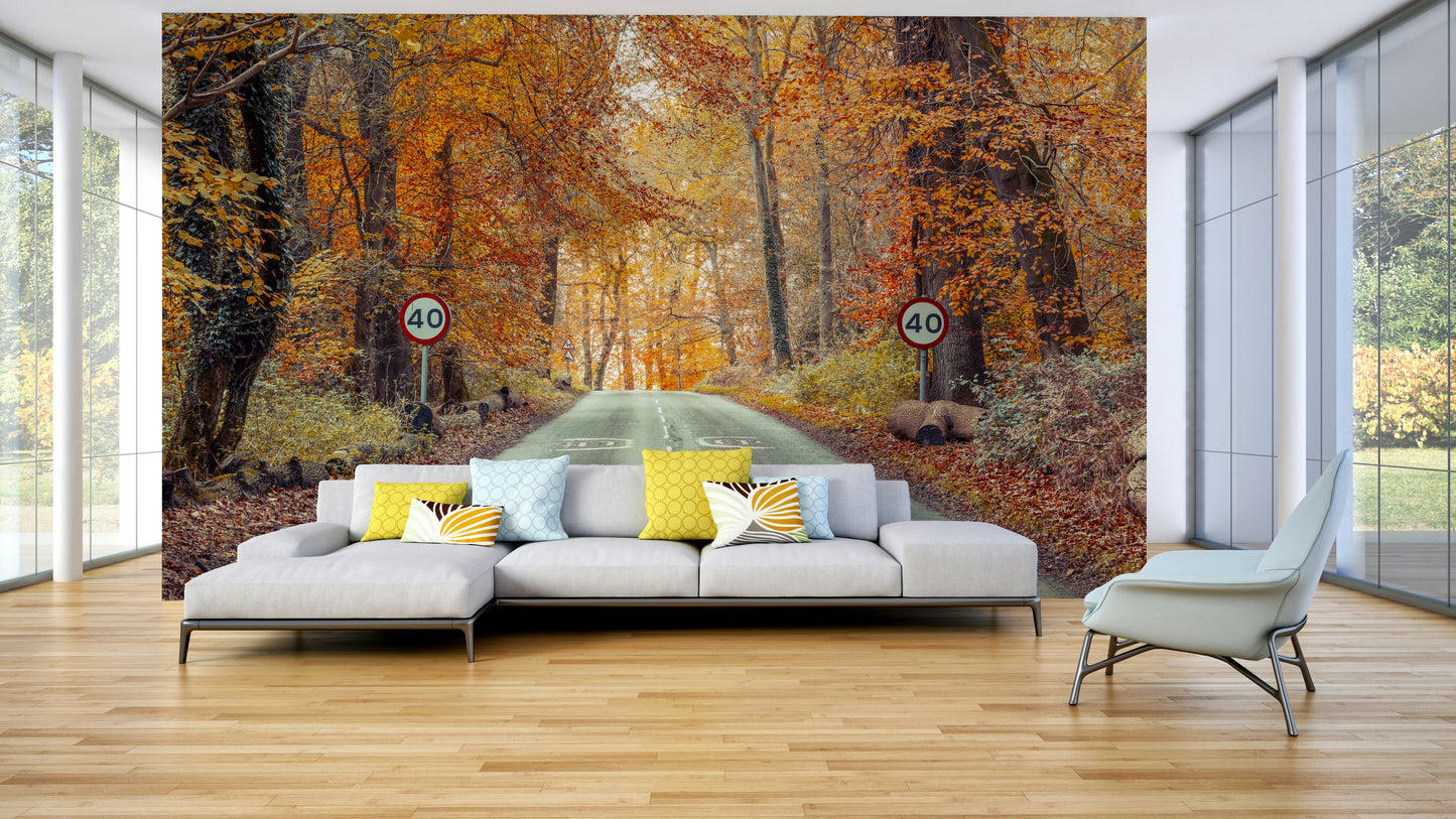 The wall art combines a nature theme with a road.

