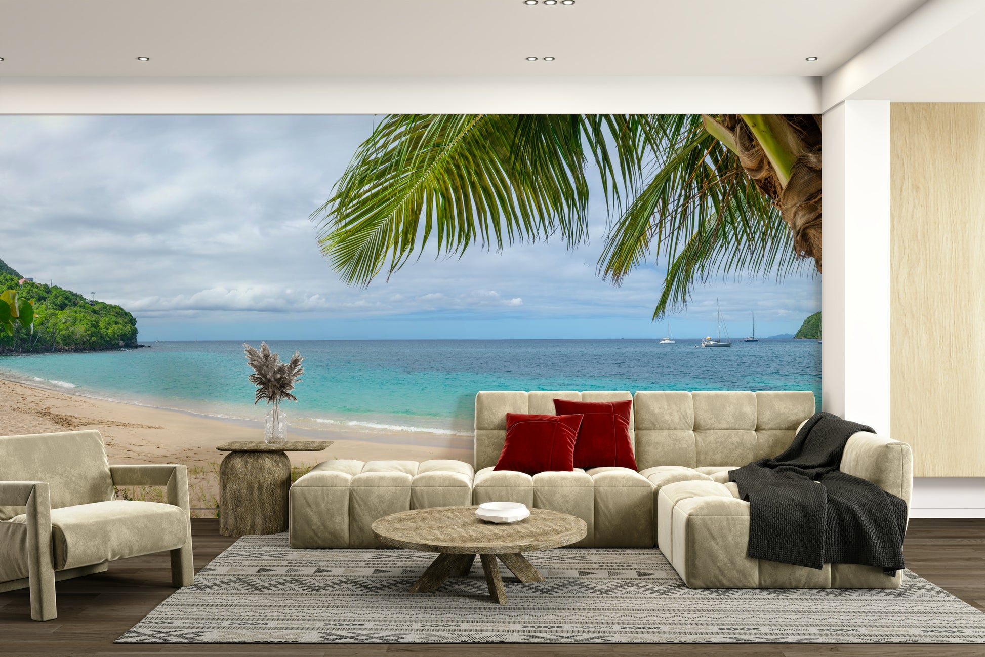 Wall mural with emerald waters and a white sandy beach.

