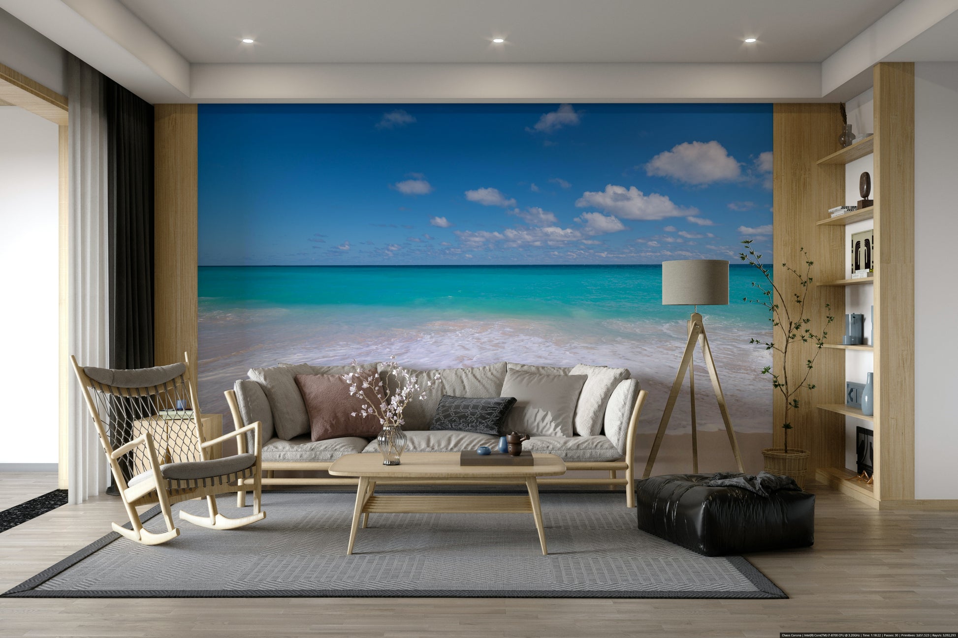 The mural shows a peaceful ocean scene.

