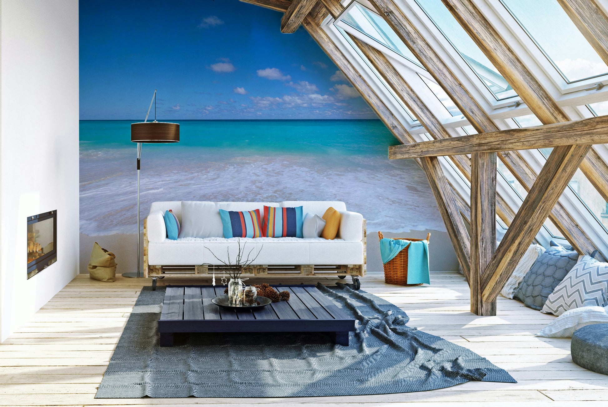 The wall art combines a beach theme with a clear sky.

