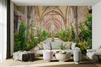 The wall art combines ancient architecture with a natural display.

