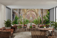 A close-up of the stained-glass windows and floral arrangements.

