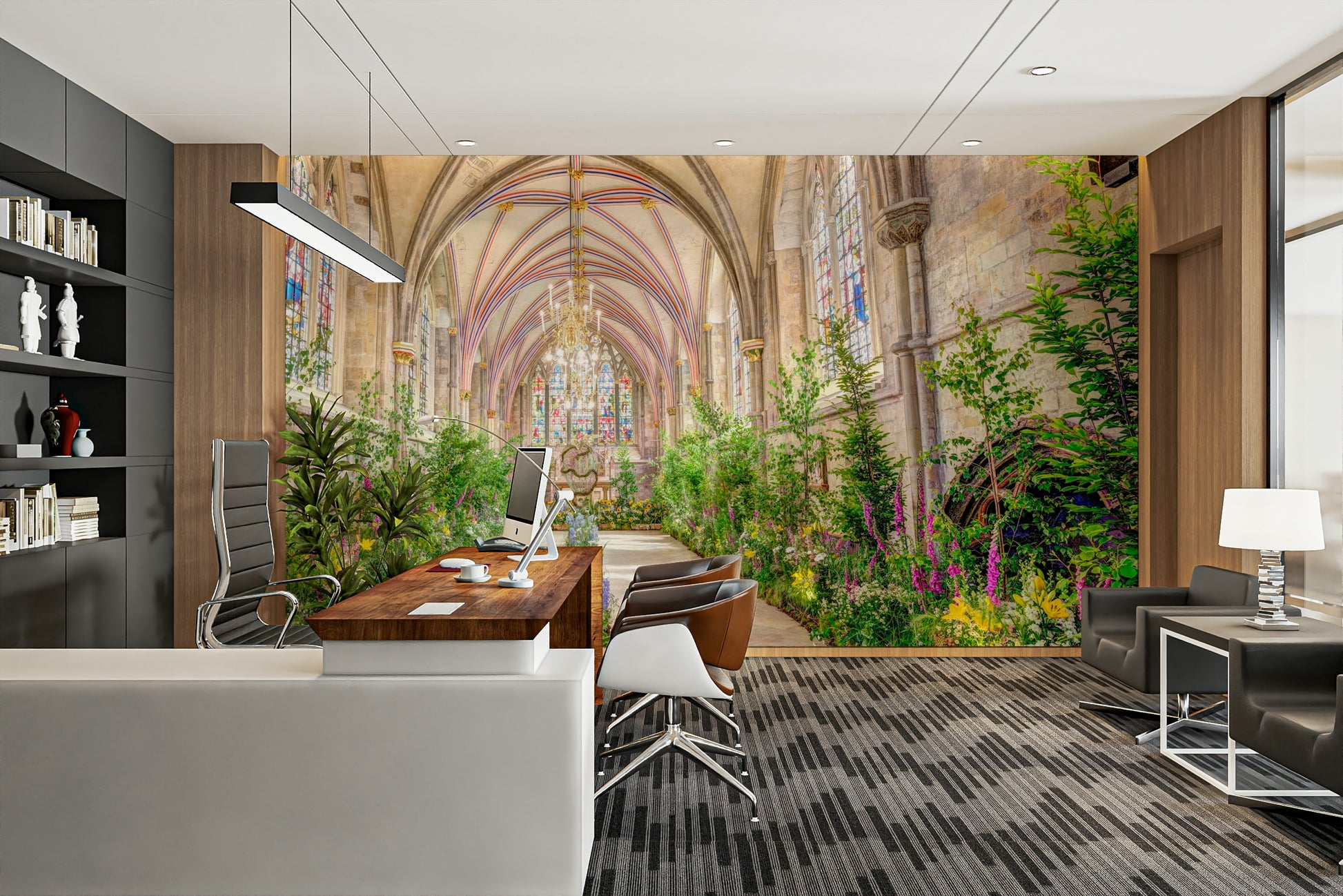 The wallpaper is perfect for a peaceful space.

