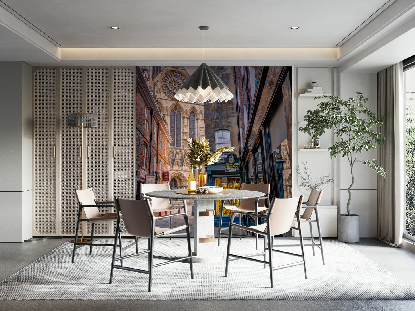 A high-quality print of a tranquil town scene.

