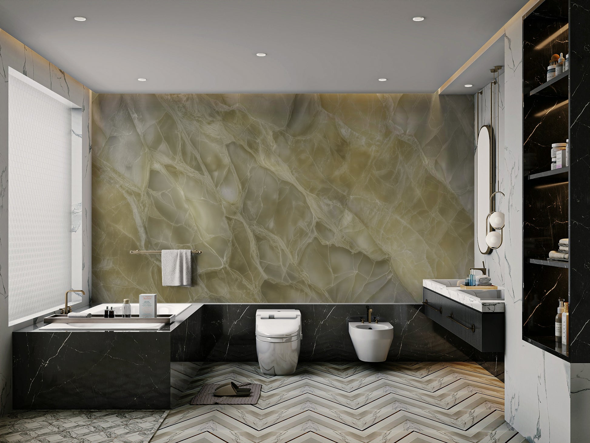 A close-up of the light gold, gray, and white texture.

