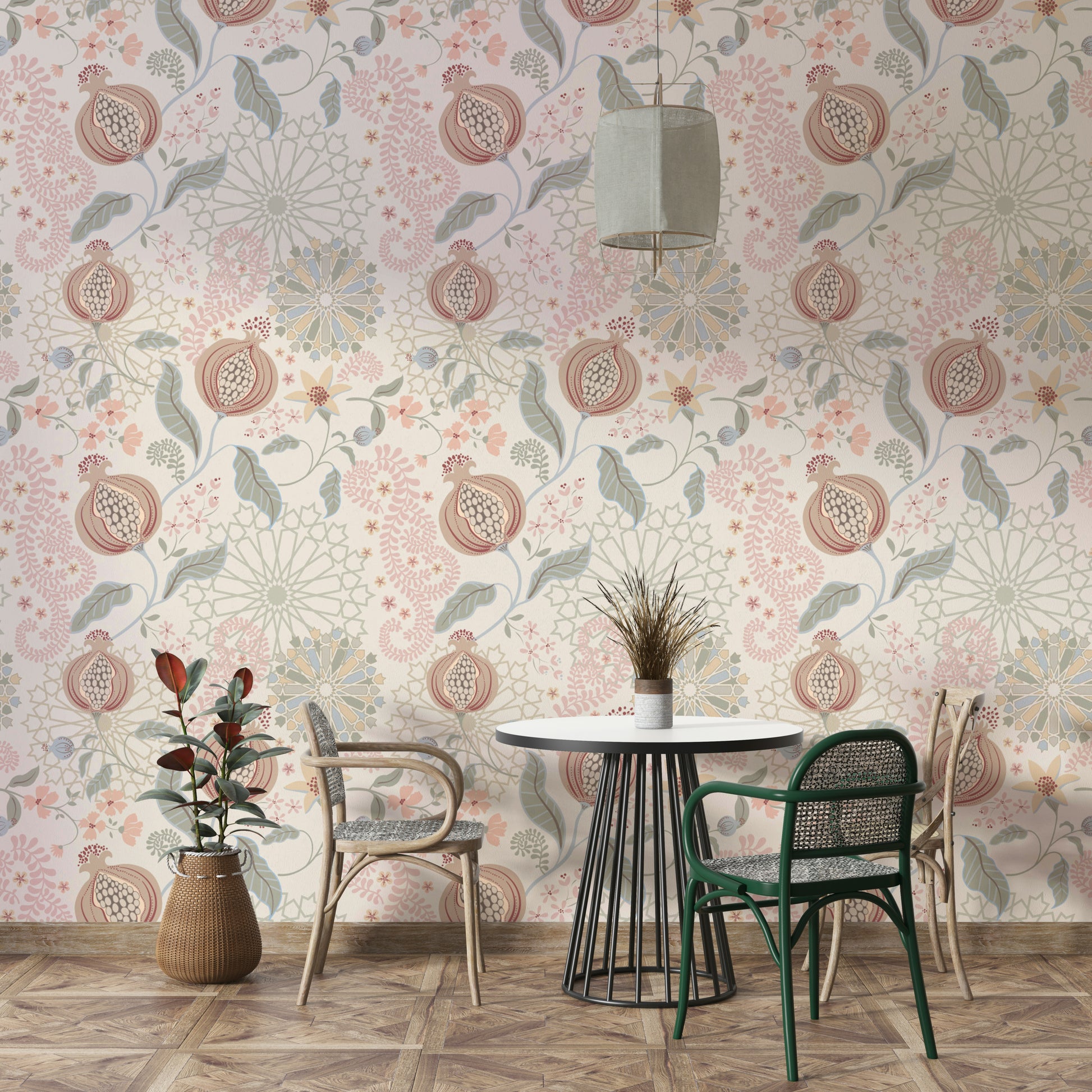 The wall art combines an organic pattern with soft colors.

