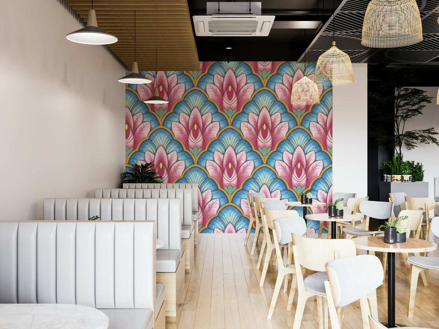 Wallpaper with an Art Deco pink lotus pattern.

