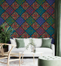 The wall art combines floral and geometric patterns.

