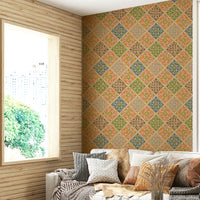 The wallpaper shows a bohemian floral design.

