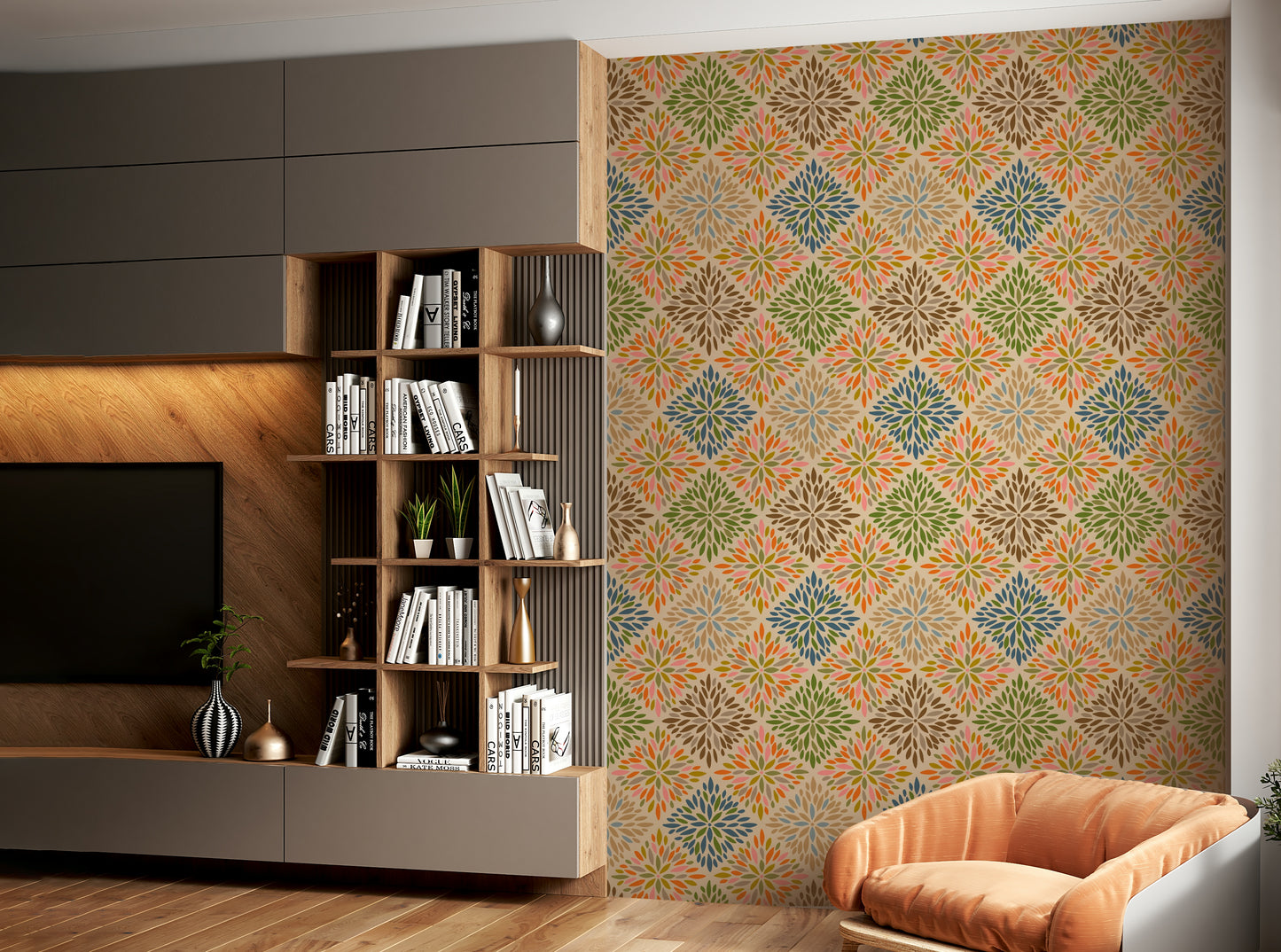 The wall art combines floral and geometric patterns.

