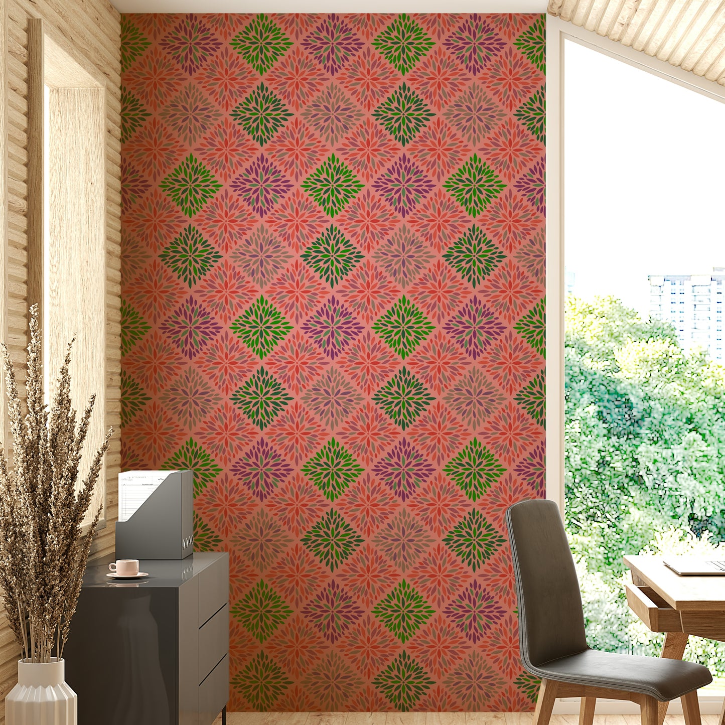 Wallpaper with a dahlia diamonds pattern.

