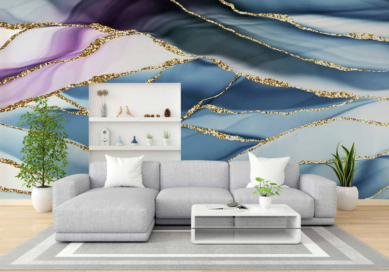 Wall mural with gilded horizon marble.

