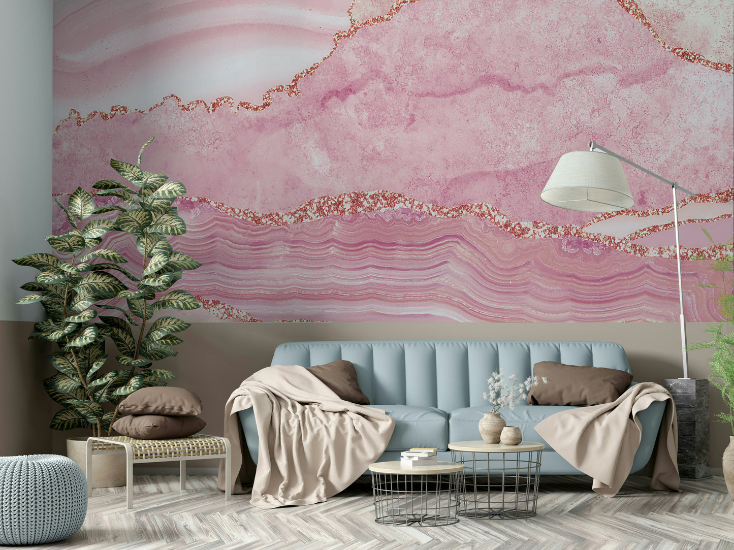 The wall art combines a flowing pattern with sparkling accents.

