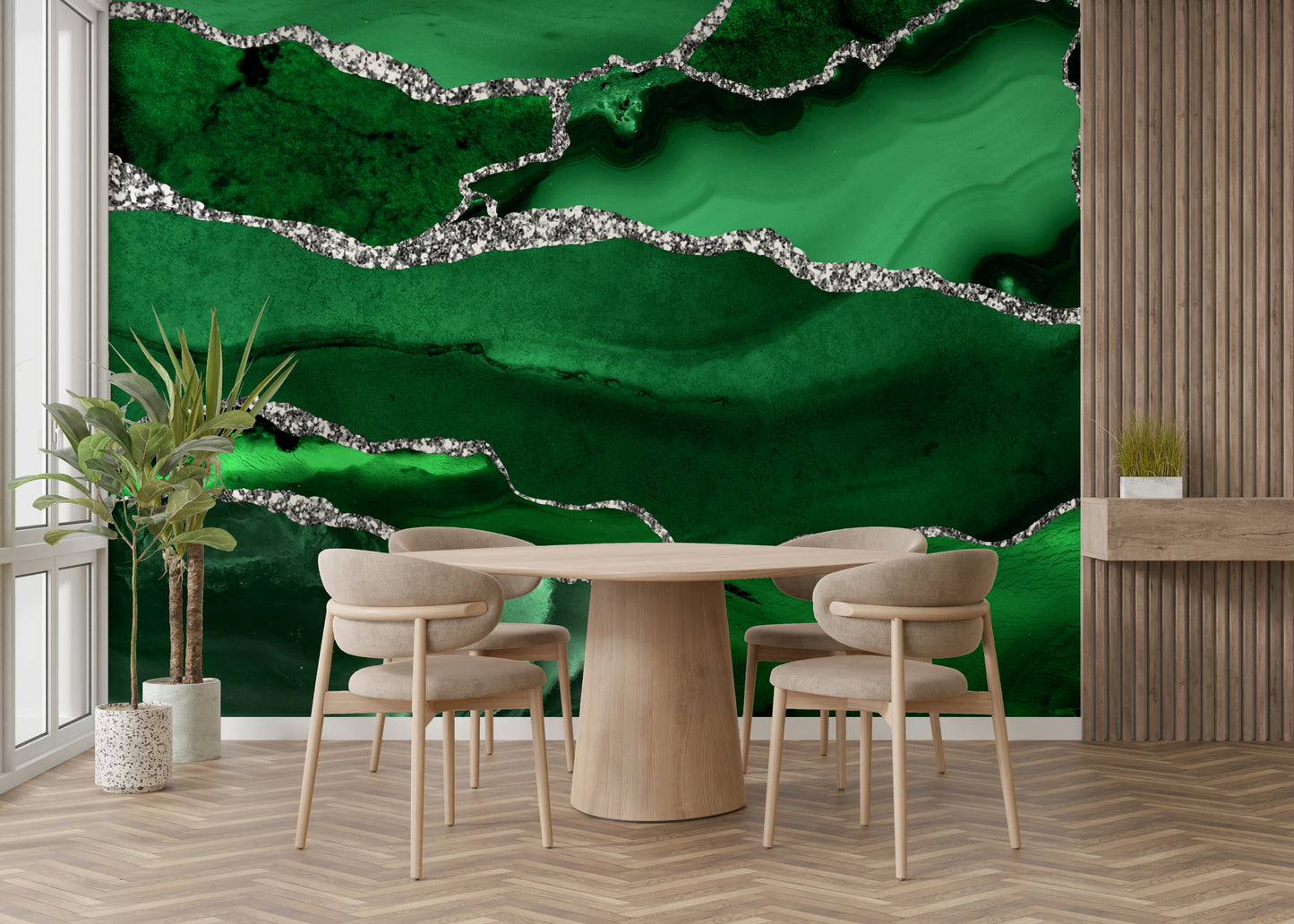 Wall mural with an emerald agate pattern.

