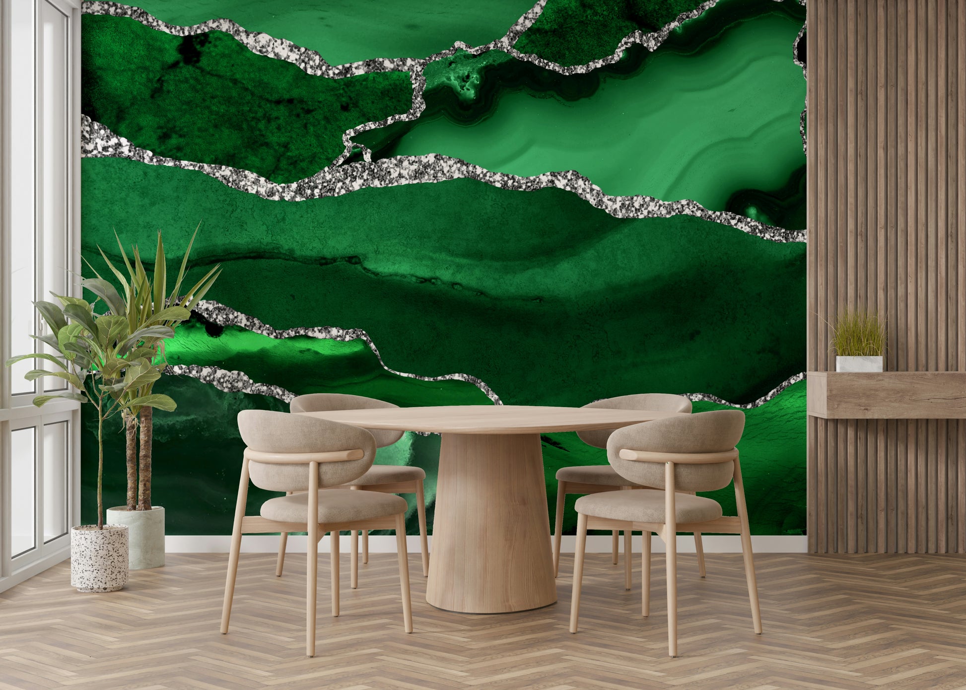 Wall mural with an emerald agate pattern.

