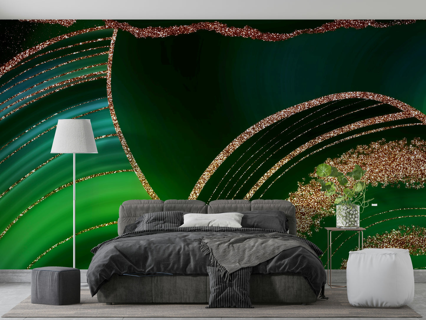 Wall mural with a gilded geodes pattern.

