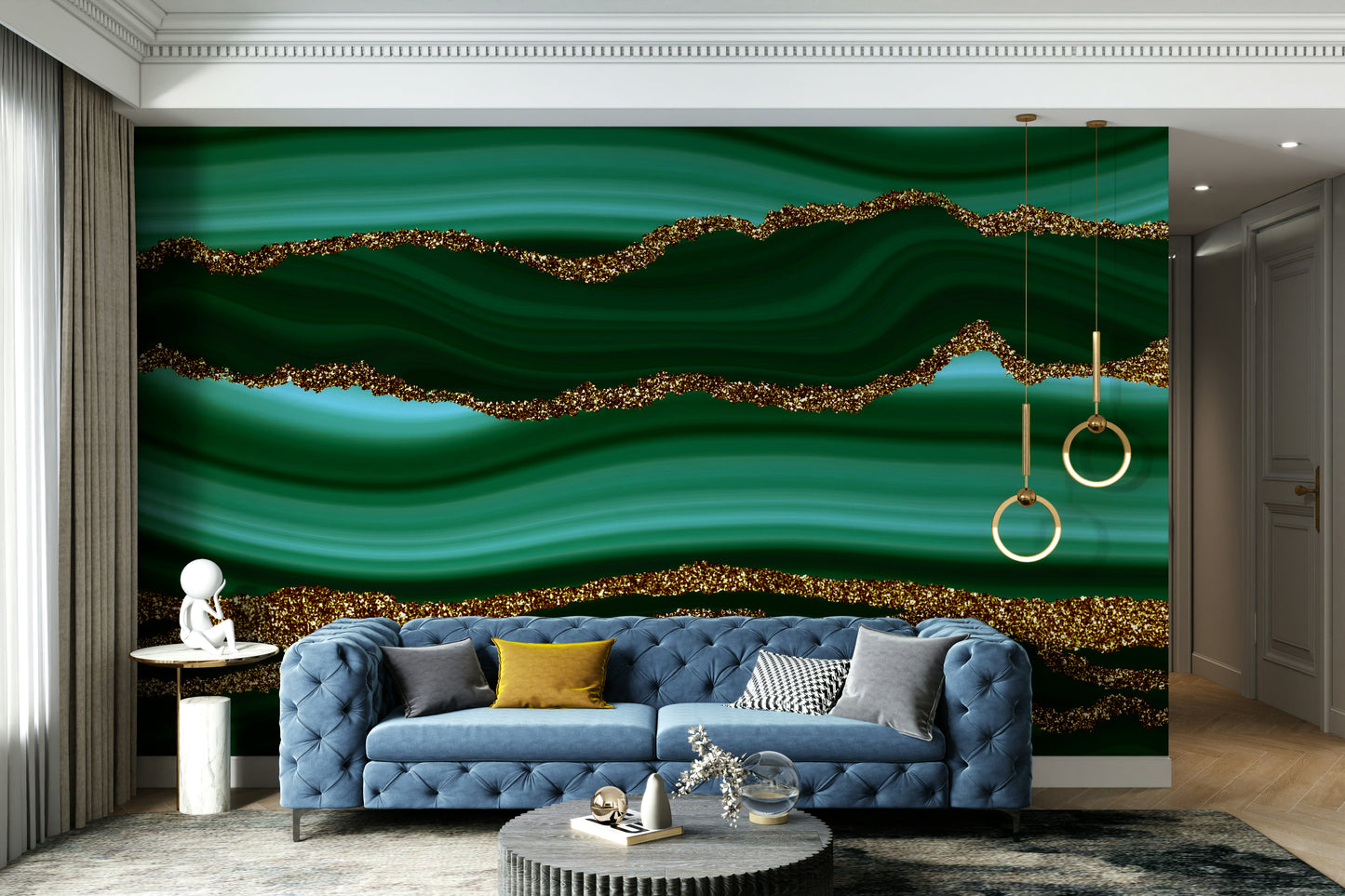 Wall mural with a gilded malachite pattern.

