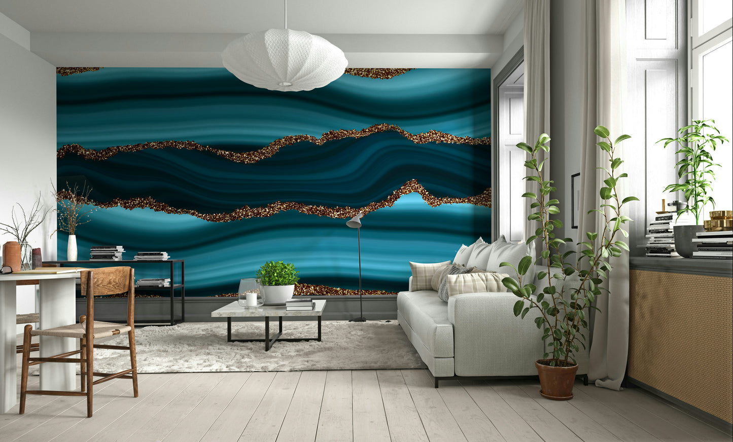 The wall art combines a flowing pattern with metallic accents.

