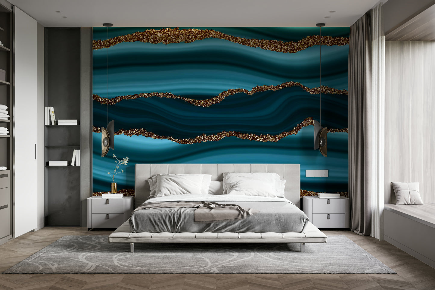 Wall mural with a teal and gold river pattern.

