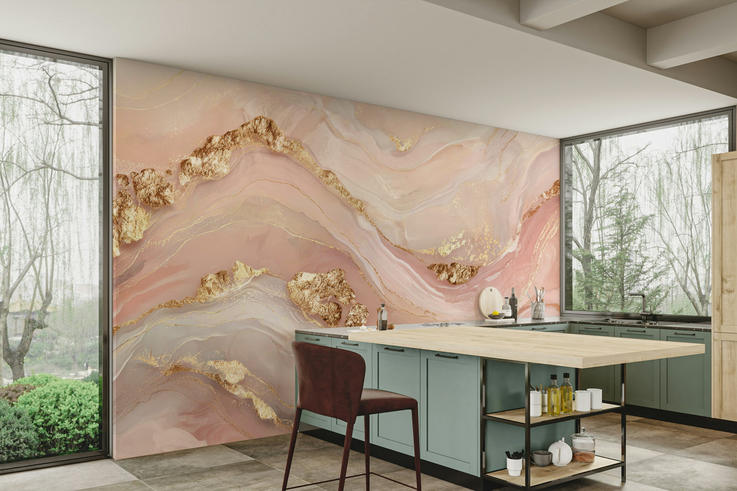 Wall mural with golden marble veins.

