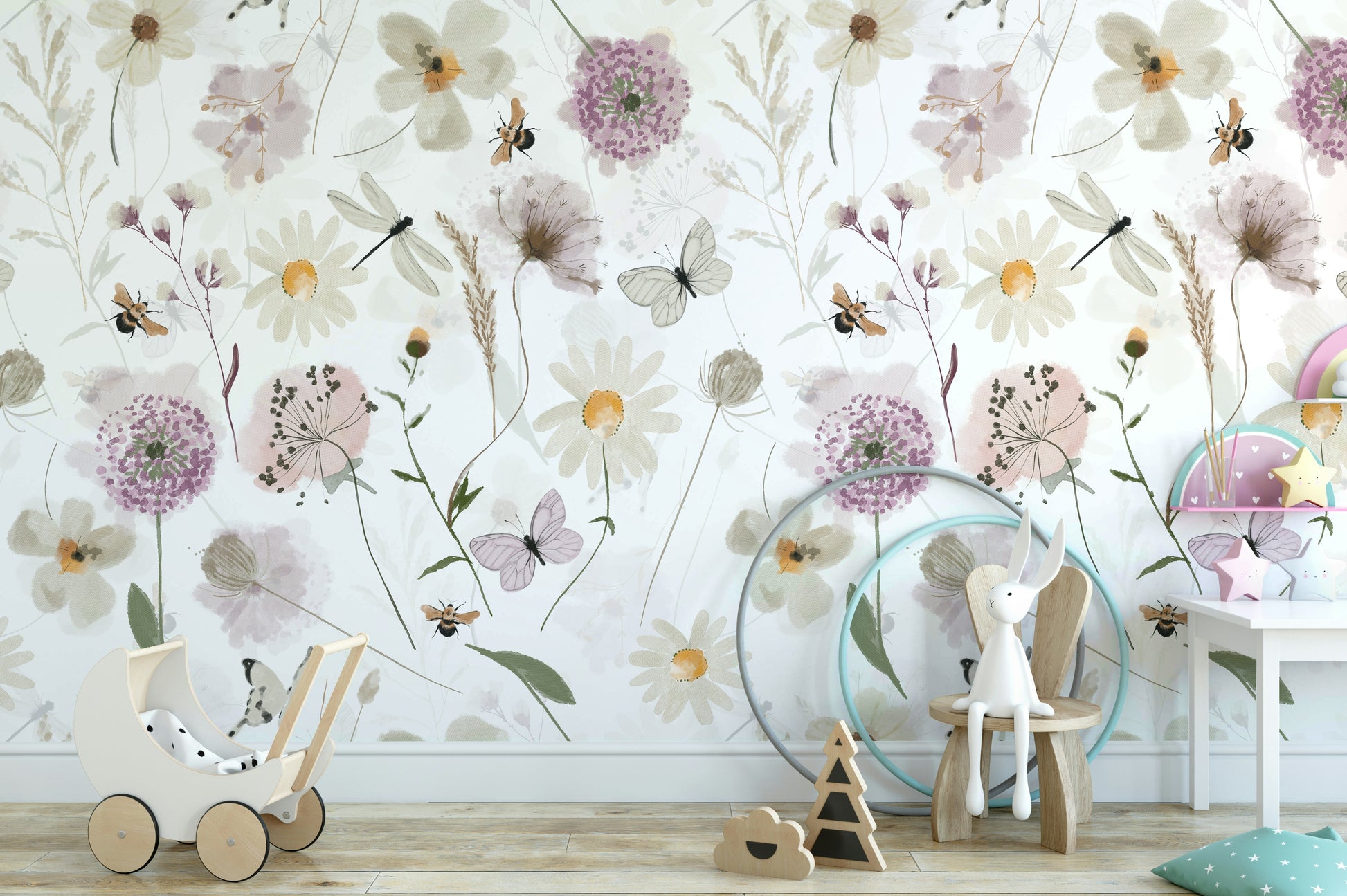 The mural shows a hand-painted floral scene with insects.

