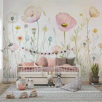 The scene includes colorful poppies and wildflowers.

