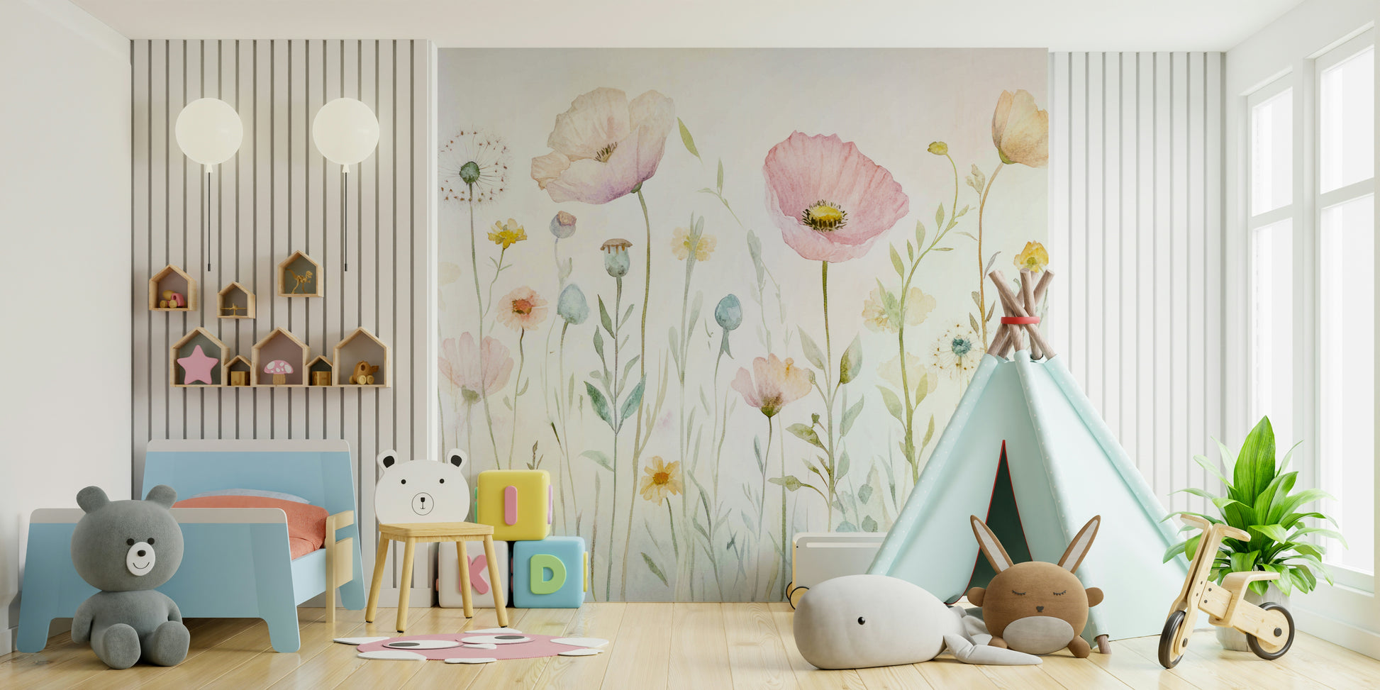 The mural has soft and gentle colors.

