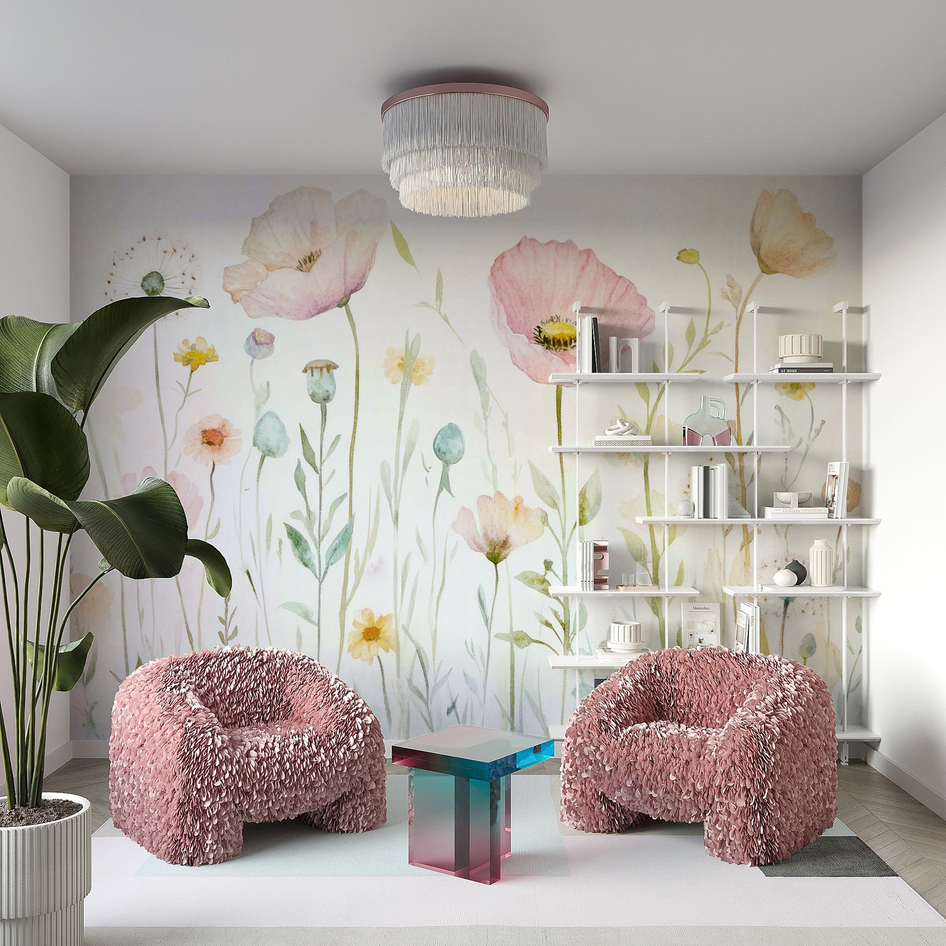 A watercolor print of a scenic meadow.

