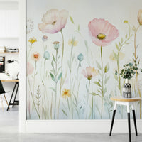 The mural shows a hand-painted floral scene.

