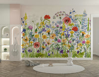 The mural shows a hand-painted floral scene.

