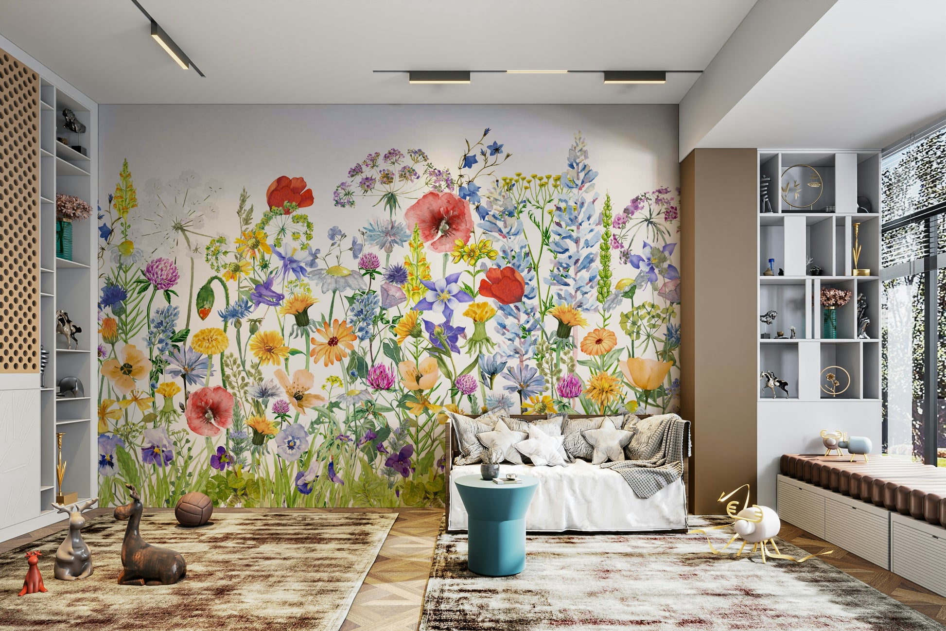 Wall mural with a watercolor wildflower meadow.

