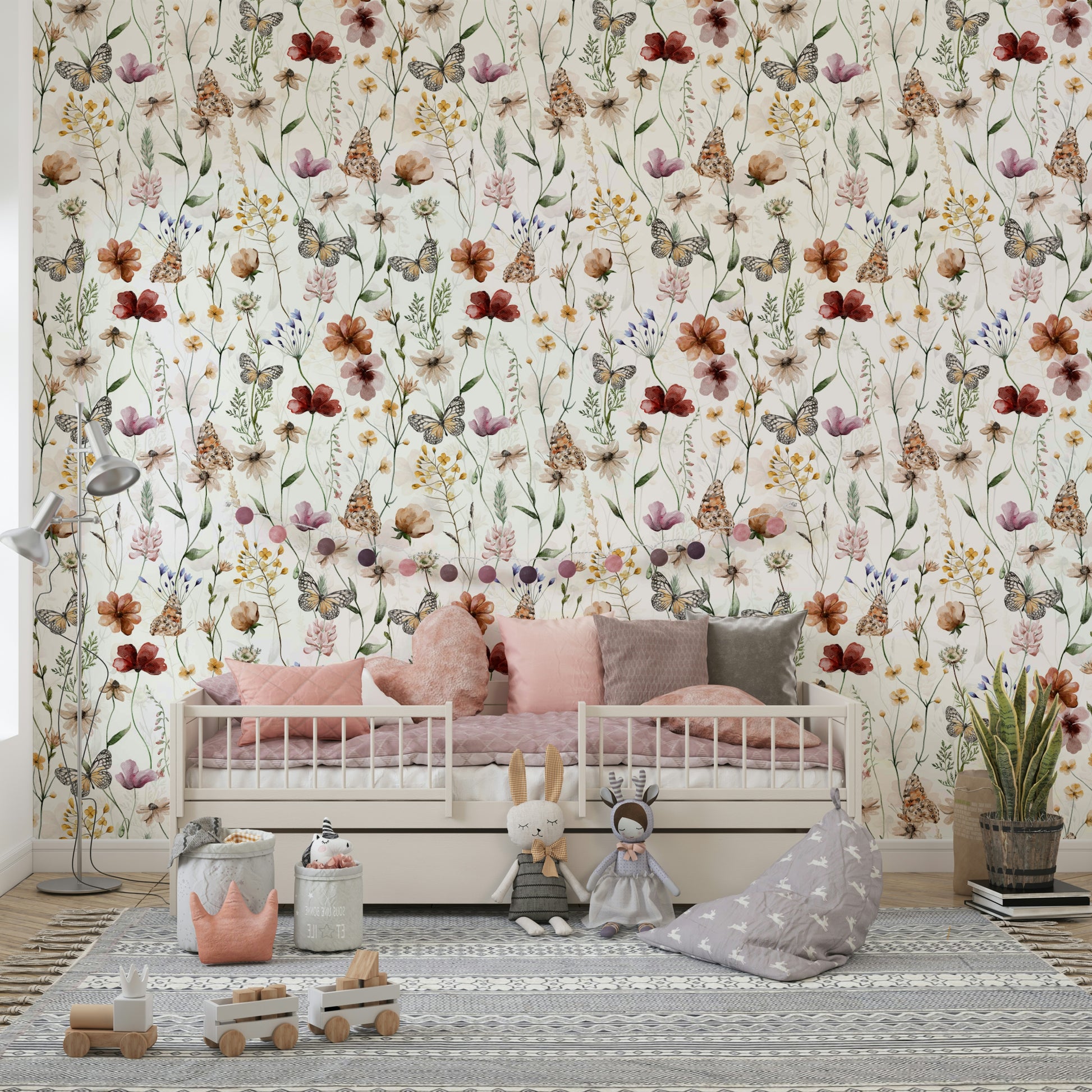 Wallpaper mural with a watercolor wildflower meadow.

