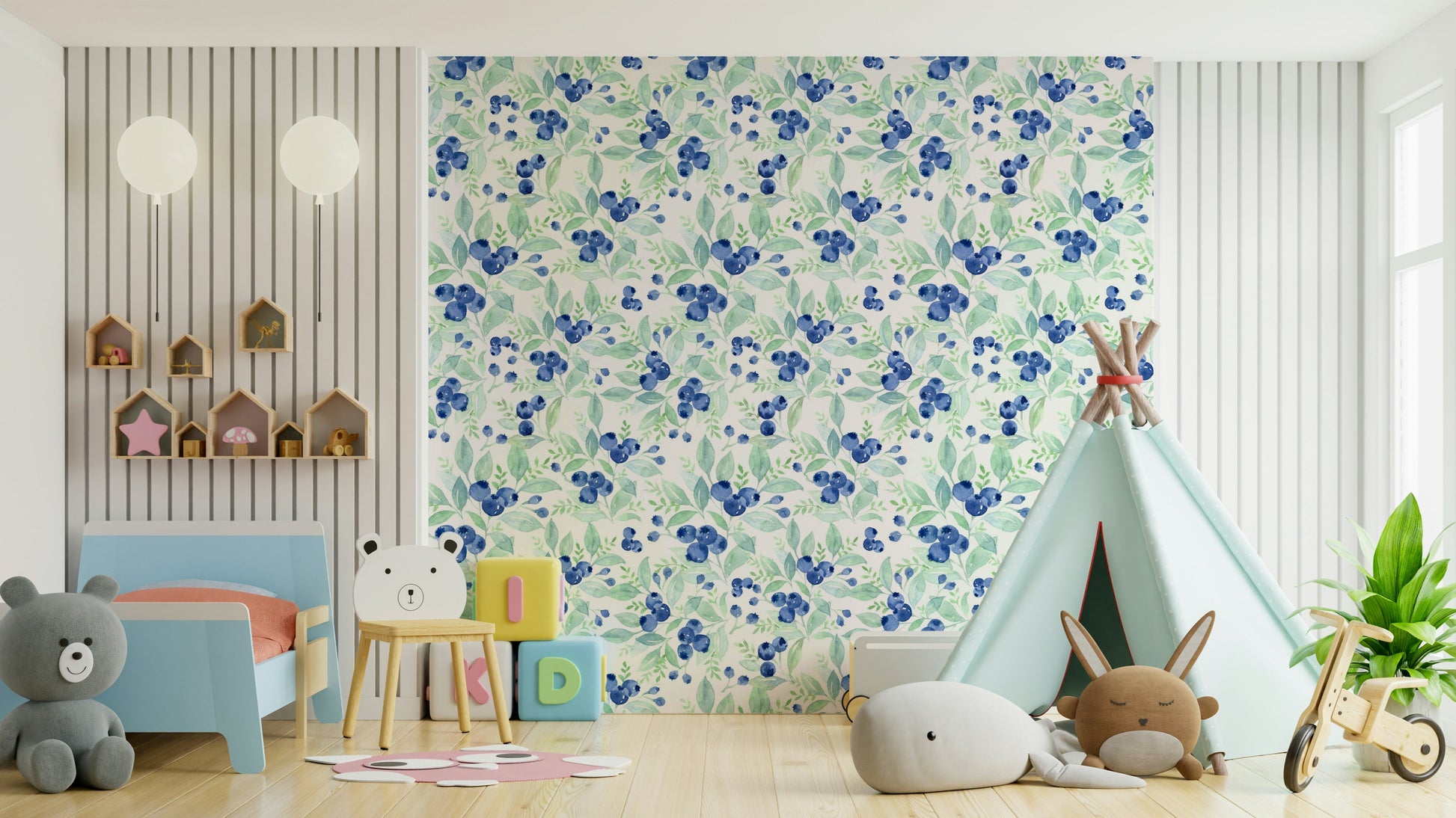 The wallpaper shows a hand-painted blueberry and leaf pattern.


