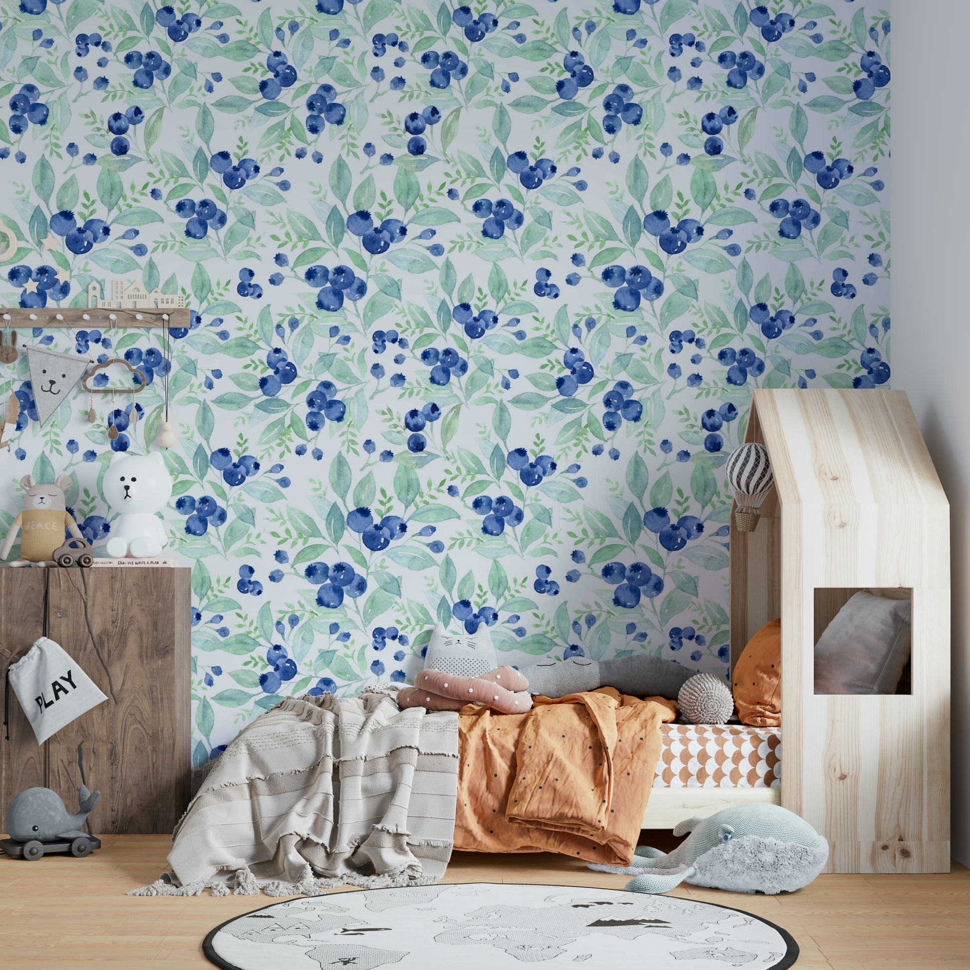 Wallpaper mural with Scandinavian watercolor blueberries.

