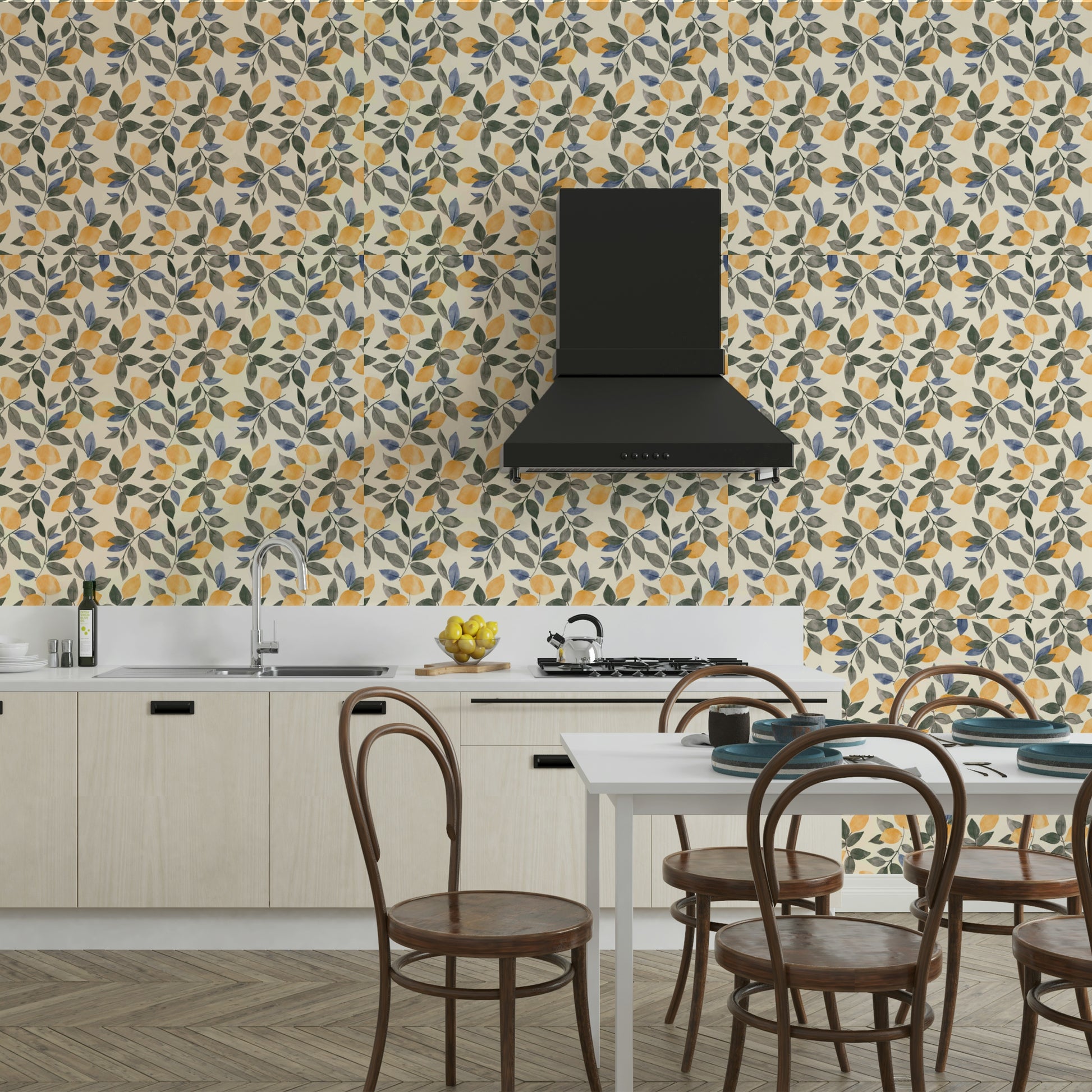 The wallpaper is a perfect fit for a kitchen.


