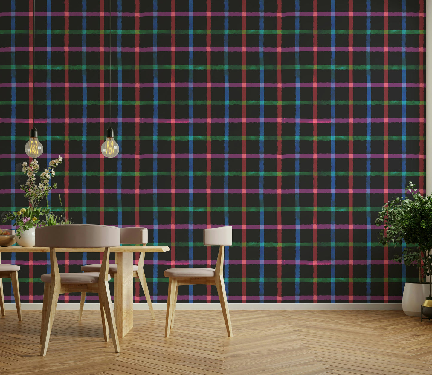 Wallpaper with a dark, hand-painted plaid pattern.

