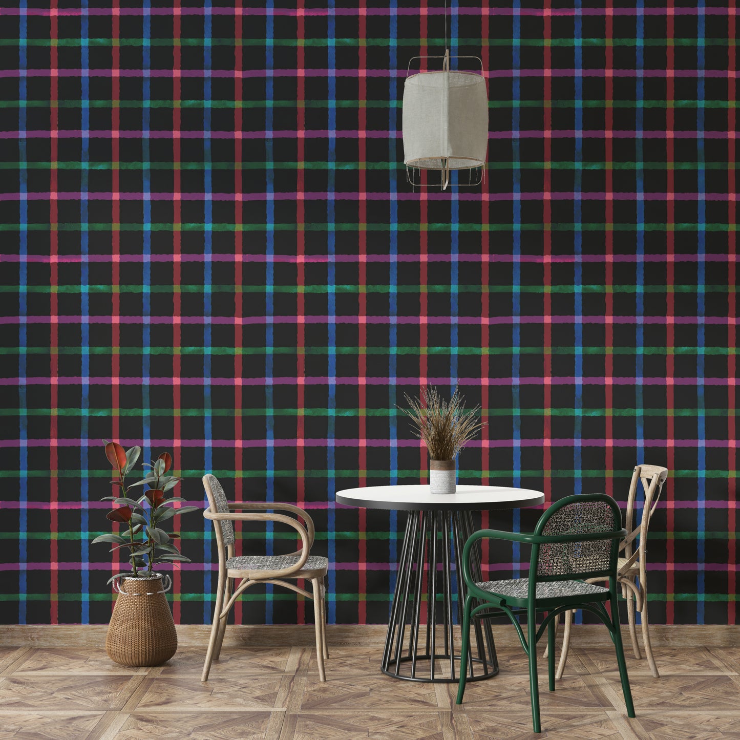 The wallpaper features a repeating plaid motif.

