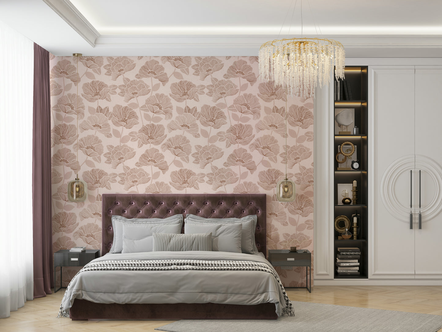 Wallpaper with a brown and beige floral block pattern.

