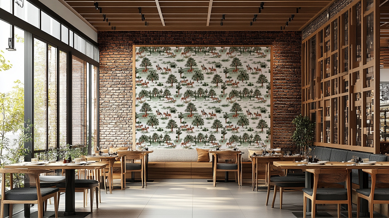 A wall covering with a scenic, country theme.

