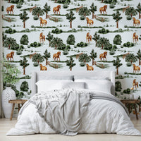 A wall covering with a scenic, rustic theme.


